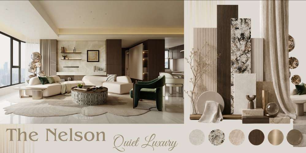 Không gian thiết kế nội thất mang phong cách Quiet Luxury với bảng màu trung tính và nội thất tinh giản.